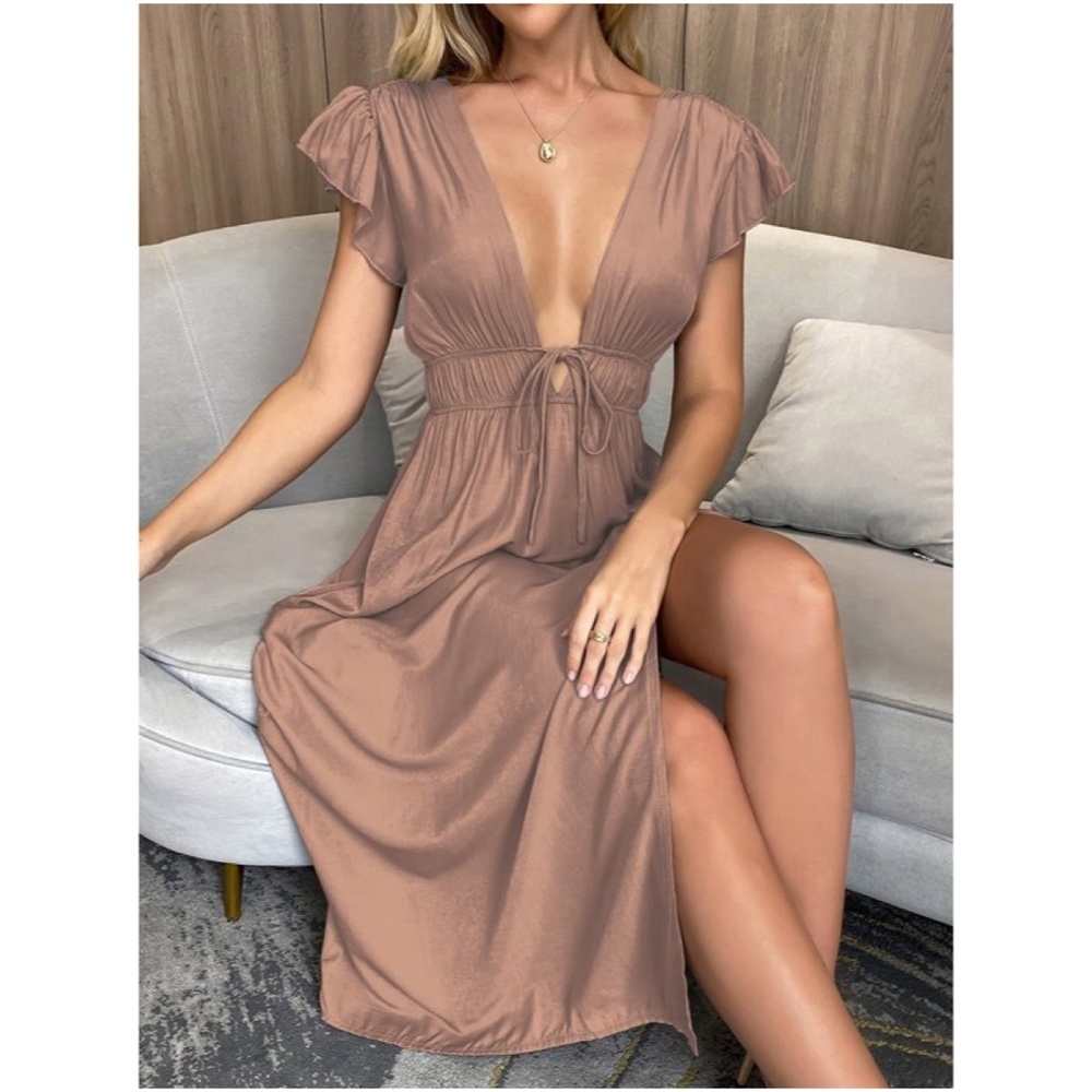Burgundy Plunging Neck Butterfly Sleeve Maxi Dress - Picture 2 of 12